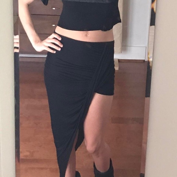 HELMUT LANG black draped modal jersey asymmetric goddess skirt xs / small - Picture 1 of 4